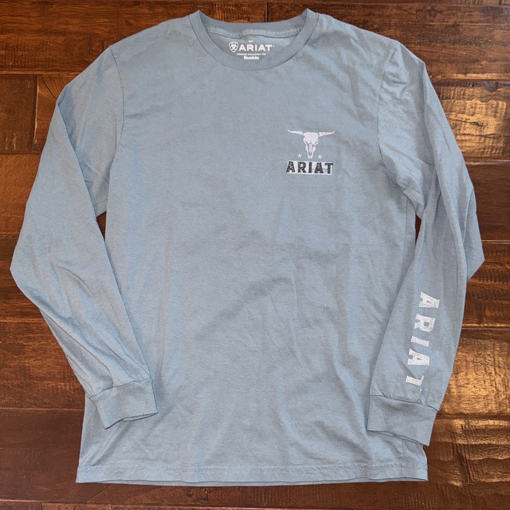Ariat BKE Mens Size Medium Sleeve Back Logo T-Shirt Blue Gray EUC